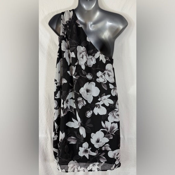 EXPRESS Black White Floral One Shoulder Lined Bow Chiffon Mini Dress SKU0624 - Picture 4 of 8